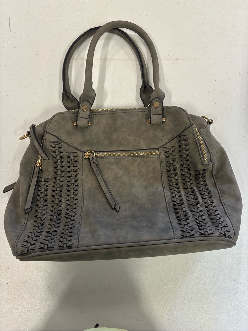 Woven Detail Satchel Handbag - Gray/Green